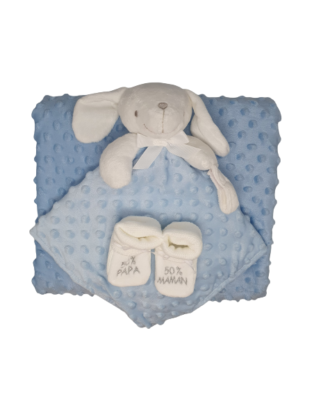 Pack couverture Minky + doudou lapin Bleu + chaussons