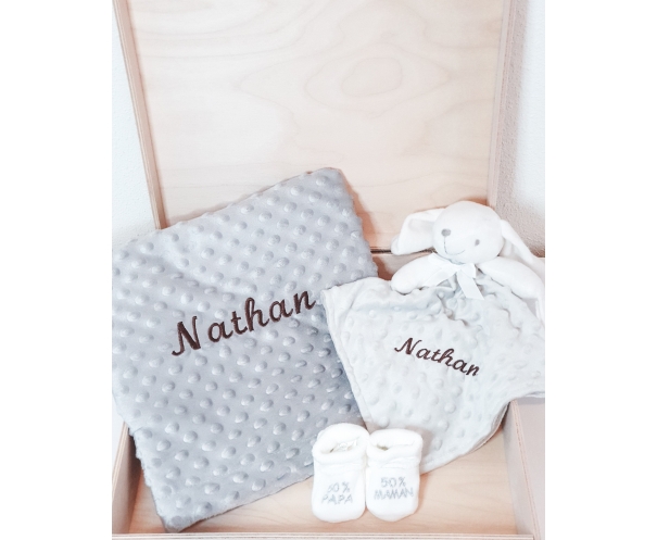 Pack couverture Minky + doudou lapin Gris + chaussons