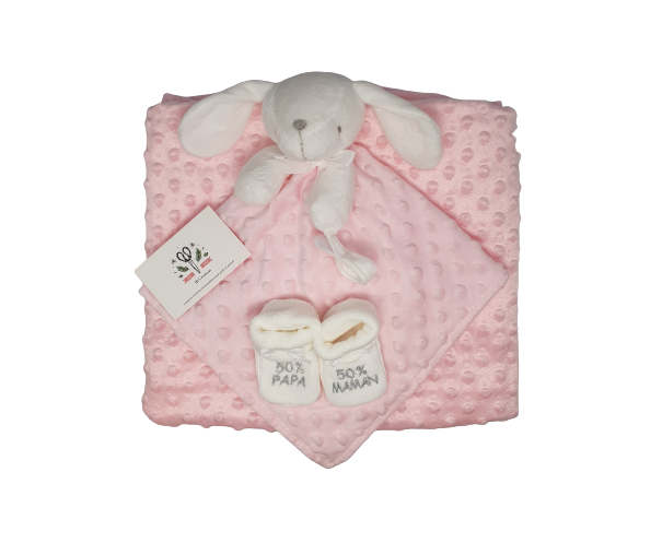 Pack couverture Minky + doudou lapin rose + chaussons